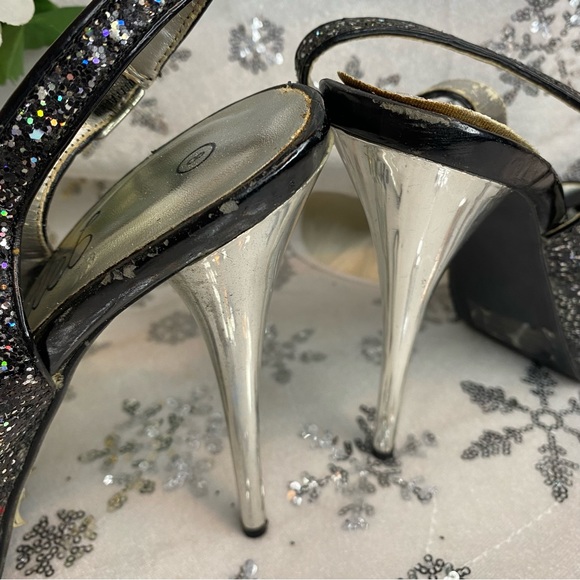 Deb Glitter Black & Silver Peep Toe Platform Heels Ankle Strap Sandals Sz 8 - Picture 11 of 14
